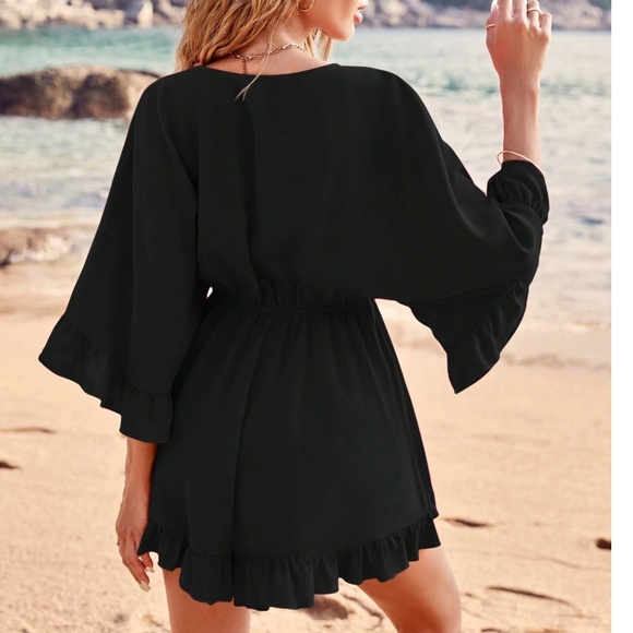 Boho Black Deep V neck Ruffle Sleeve Stretchy Waist Romper - Picture 5 of 6